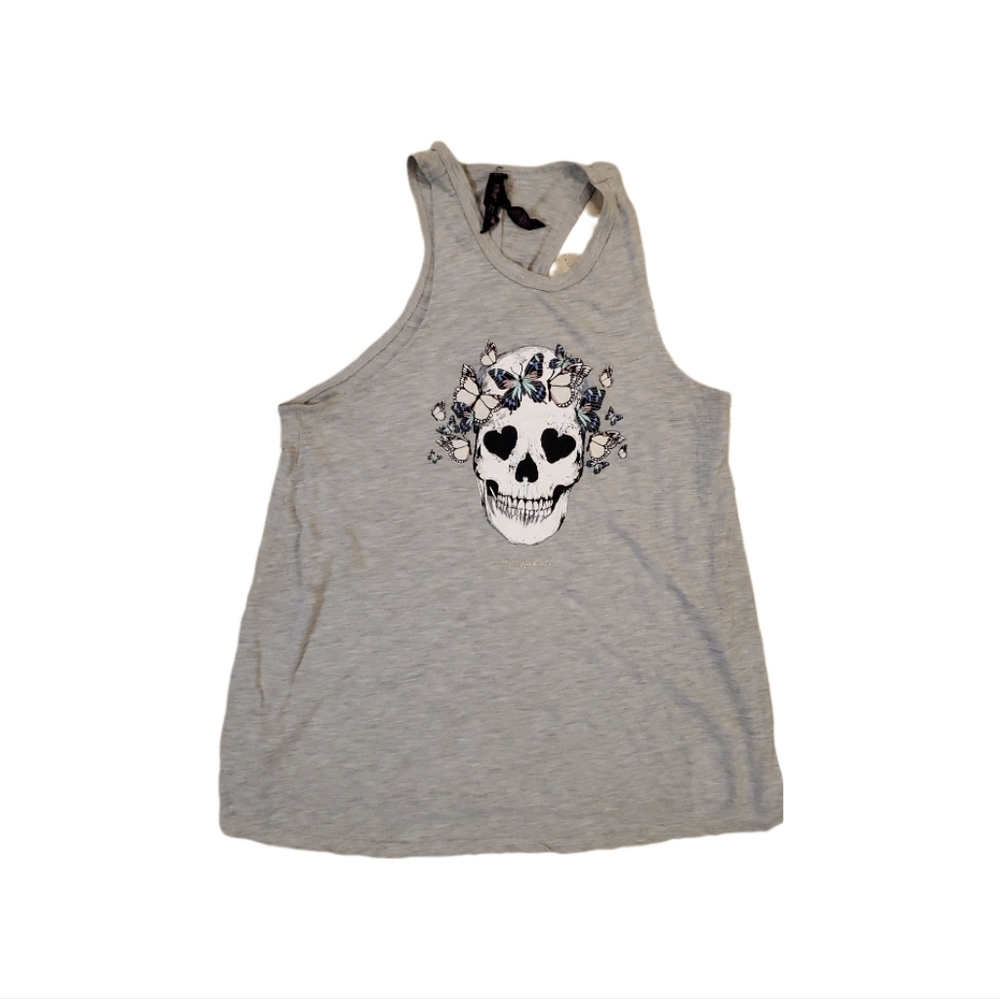 Betsey Johnson Women's Gray Skull Floral Flowy Tank Top Size Small